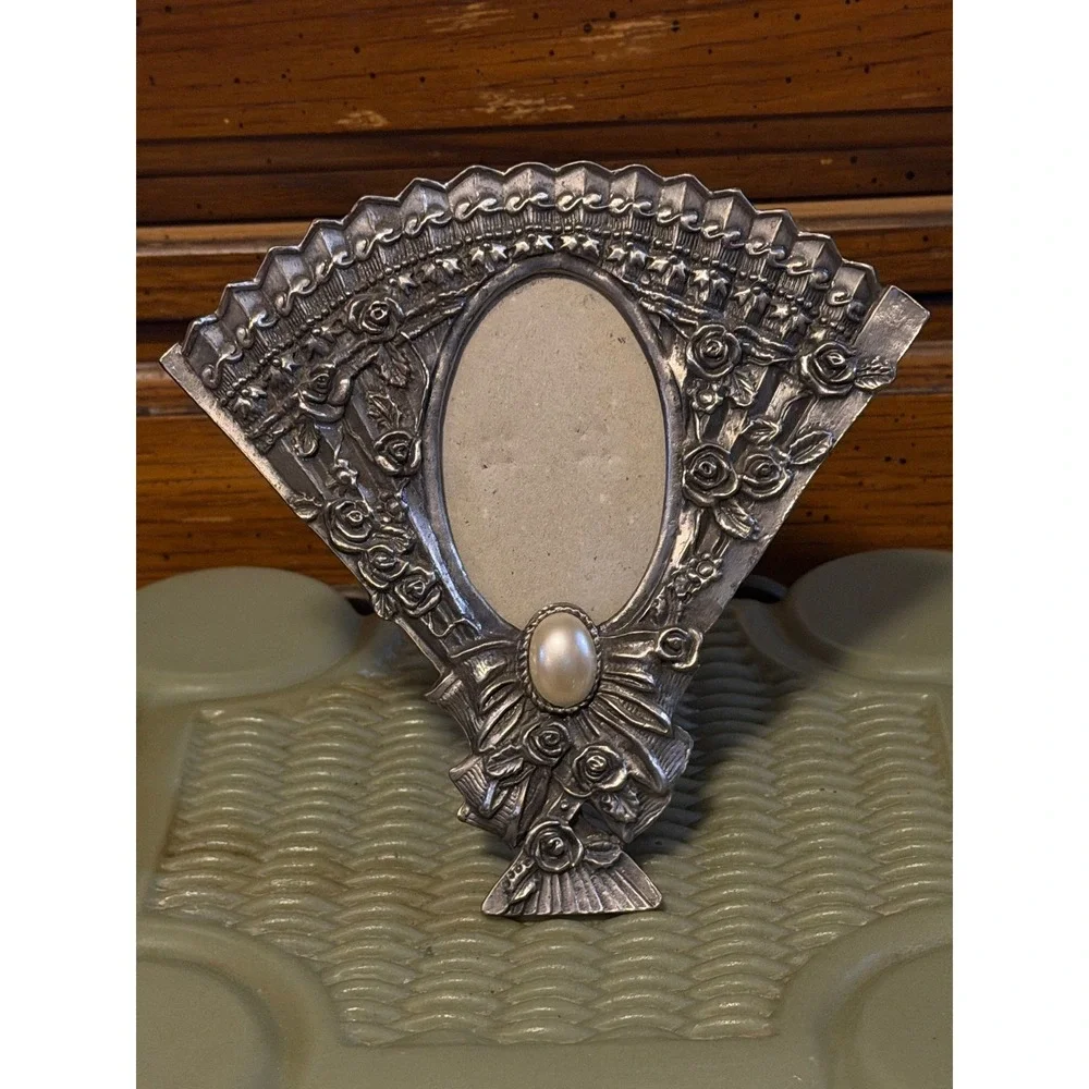 Vintage Fan Shaped Pewter Tone Metal Photo Frame Rose Floral Faux Pearl Accent